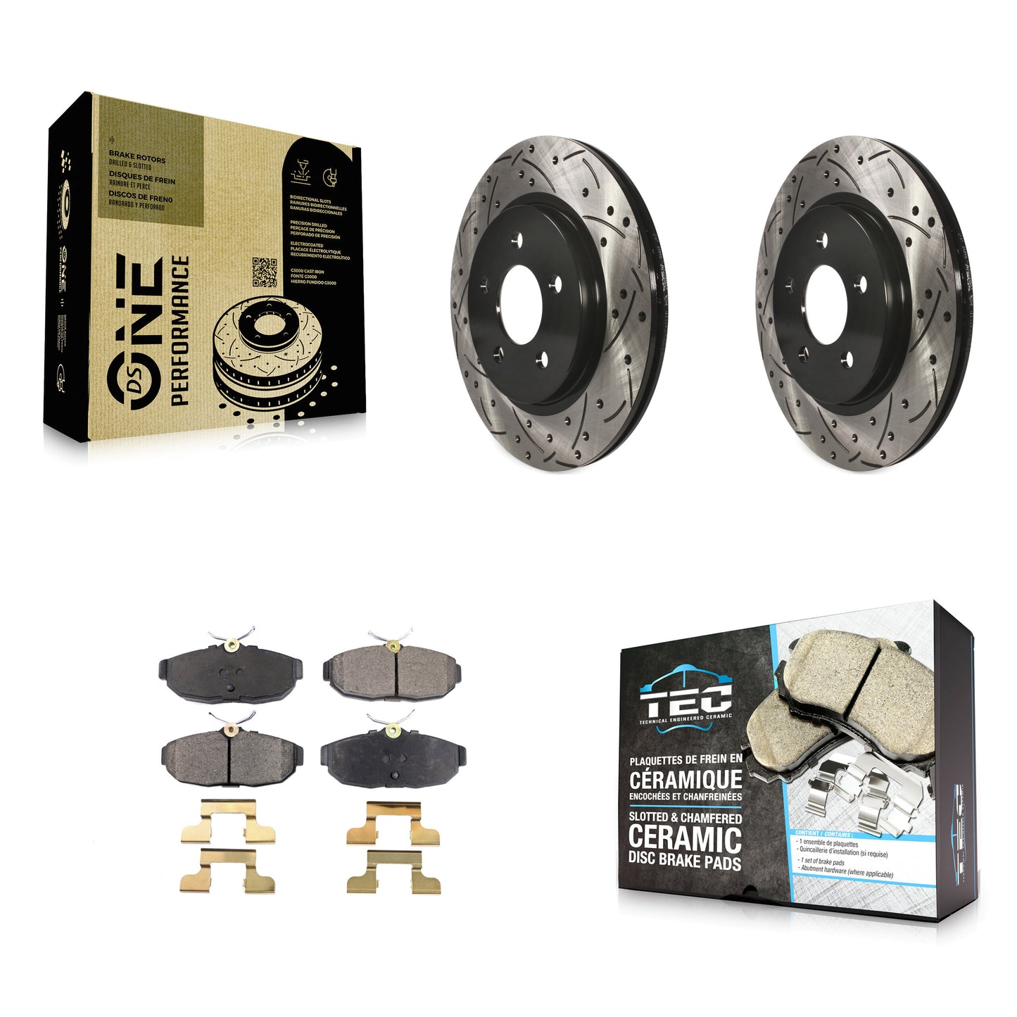[Arrière] Kit de disque (percé rainuré revêtu) et plaquette (céramique) de frein pour Ford Mustang KDT-100447