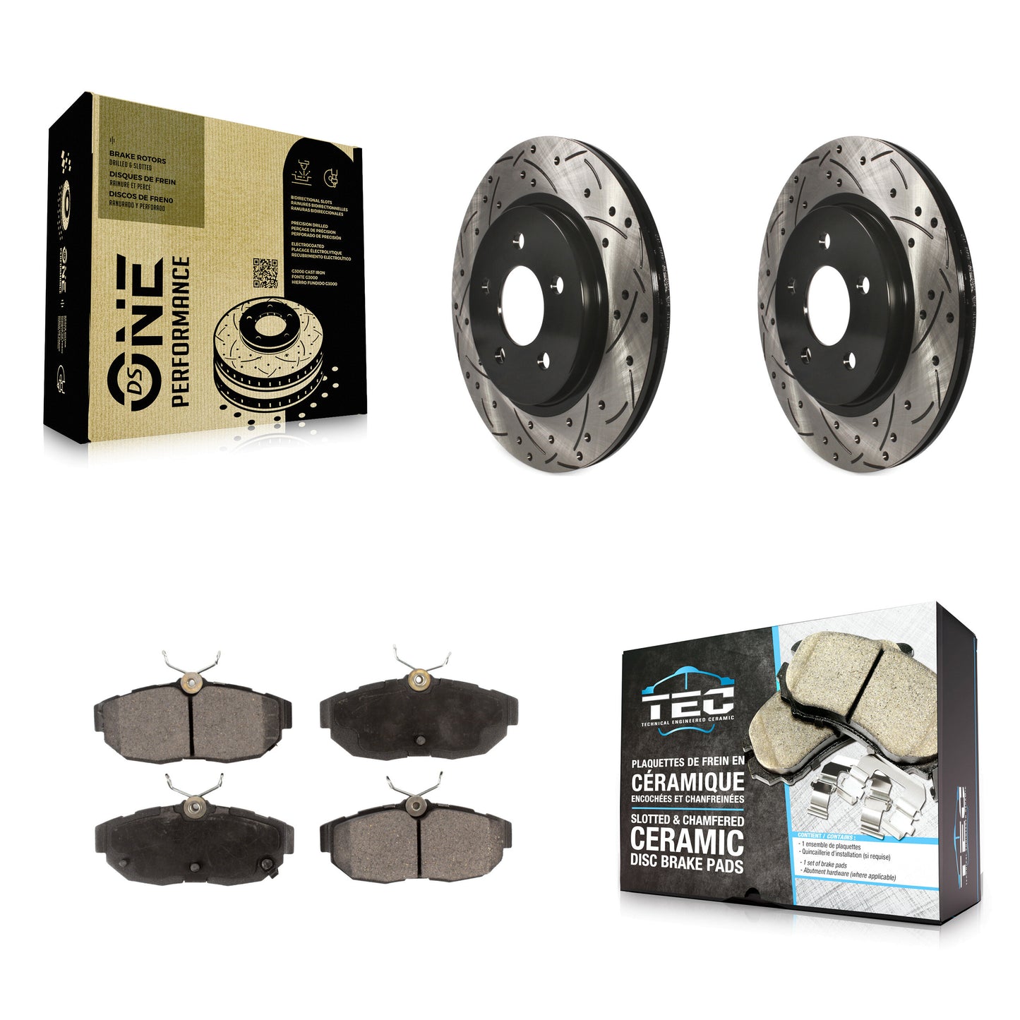[Arrière] Kit de disque (percé rainuré revêtu) et plaquette (céramique) de frein pour Ford Mustang KDT-100448