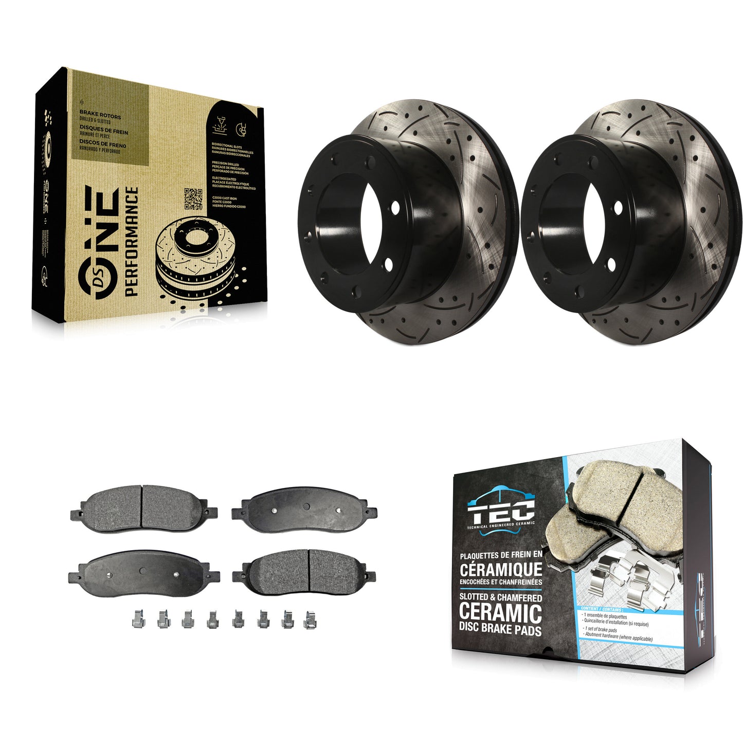 [Arrière] Kit de disque (percé rainuré revêtu) et plaquette (céramique) de frein pour 2005-2007 Ford F-250 Super Duty F-350 KDT-100455