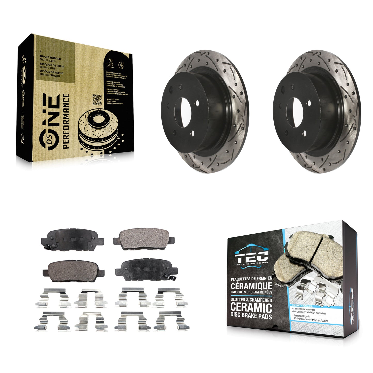 [Arrière] Kit de disque (percé rainuré revêtu) et plaquette (céramique) de frein pour Nissan Altima Sentra Maxima Juke KDT-100490