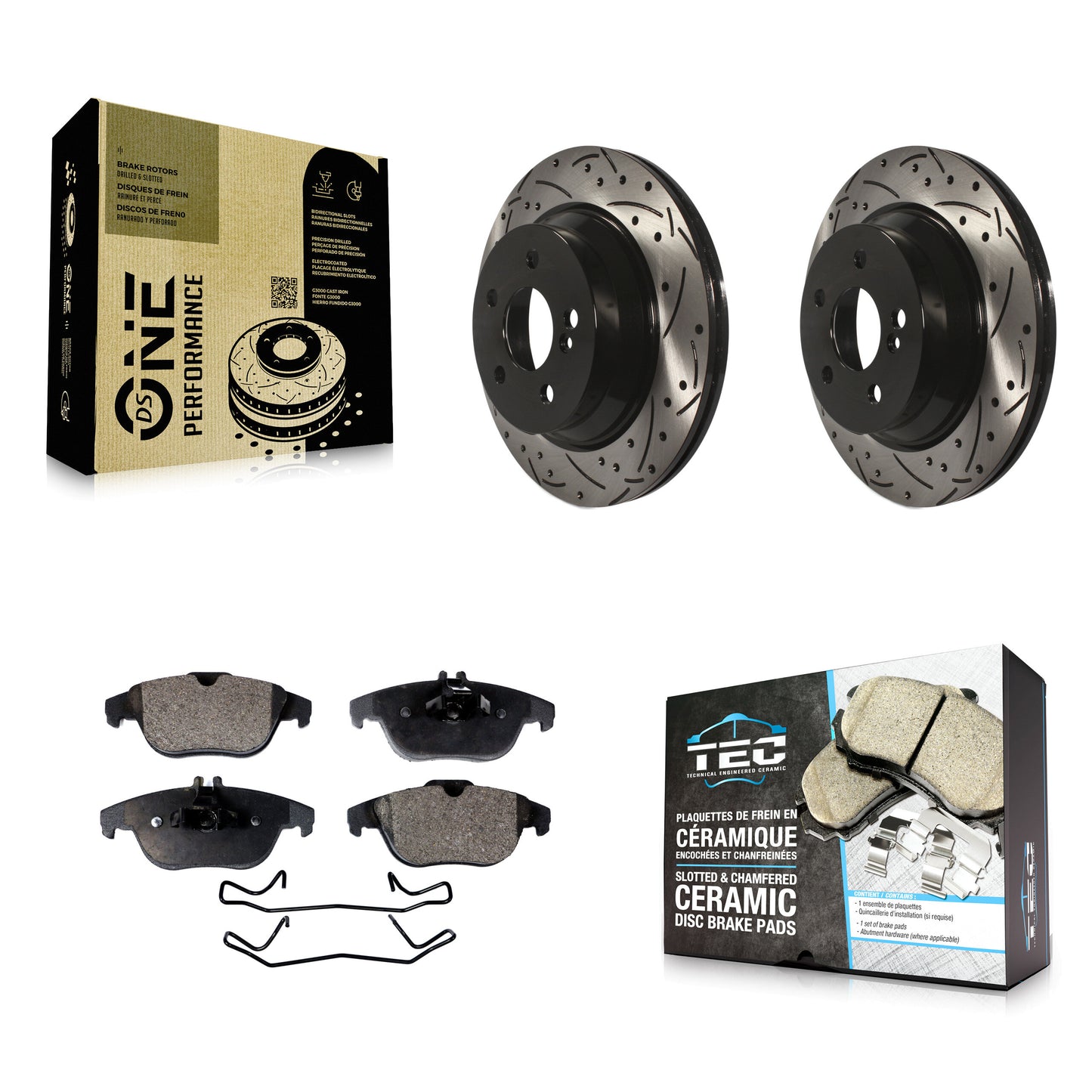 [Arrière] Kit de disque (percé rainuré revêtu) et plaquette (céramique) de frein pour Mercedes-Benz GLK350 E350 GLK250 KDT-100494