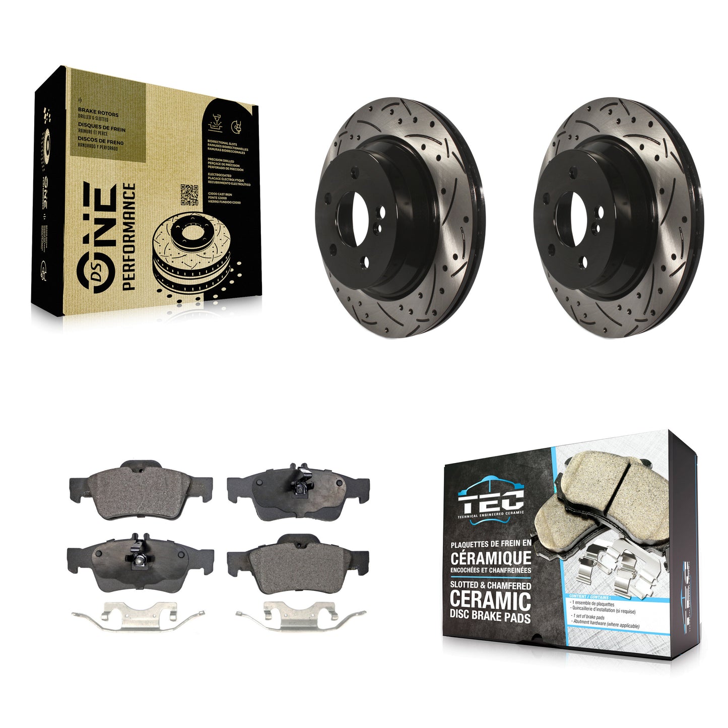 [Arrière] Kit de disque (percé rainuré revêtu) et plaquette (céramique) de frein pour Mercedes-Benz E350 E320 E500 CLS550 E400 CLS500 CLS400 E550 E63 AMG KDT-100495