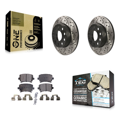 [Arrière] Kit de disque (percé rainuré revêtu) et plaquette (céramique) de frein pour Volkswagen Jetta Rabbit Audi A3 Quattro KDT-100500