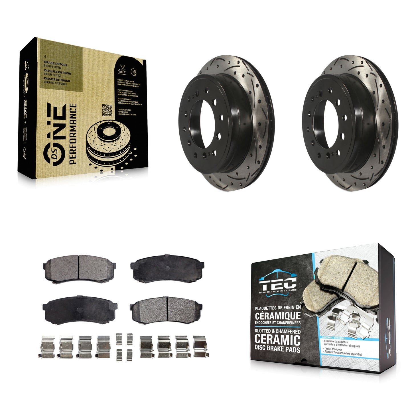 [Arrière] Kit de disque (percé rainuré revêtu) et plaquette (céramique) de frein pour Toyota 4Runner Lexus GX460 FJ Cruiser KDT-100527