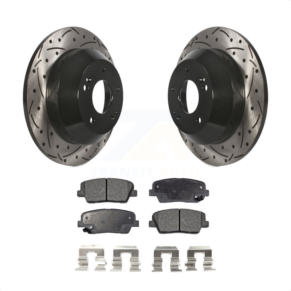 [Arrière] Kit de disque (percé rainuré revêtu) et plaquette (céramique) de frein pour Kia Sorento Hyundai Santa Fe Sport XL KDT-100528 par Transit Auto