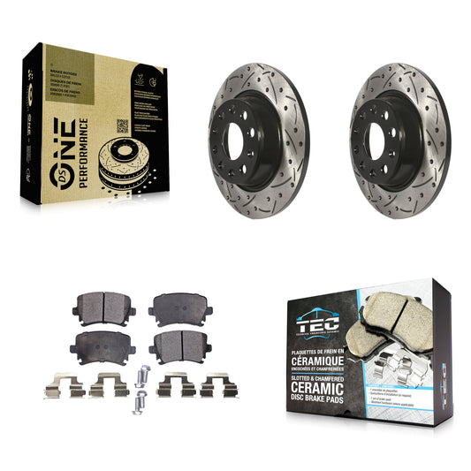 [Arrière] Kit de disque (percé rainuré revêtu) et plaquette (céramique) de frein pour Volkswagen Tiguan CC Jetta Audi Passat GTI A3 Eos Q3 Limited Quattro KDT-100530