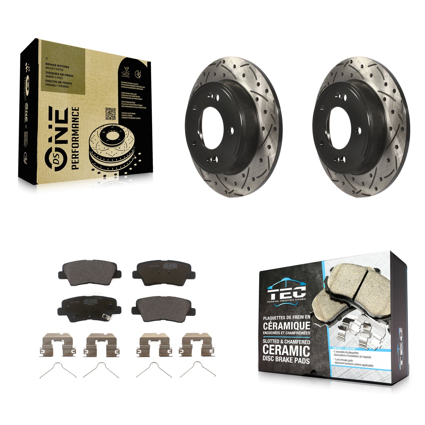 [Arrière] Kit de disque (percé rainuré revêtu) et plaquette (céramique) de frein pour Hyundai Elantra Kia Soul Venue KDT-100545