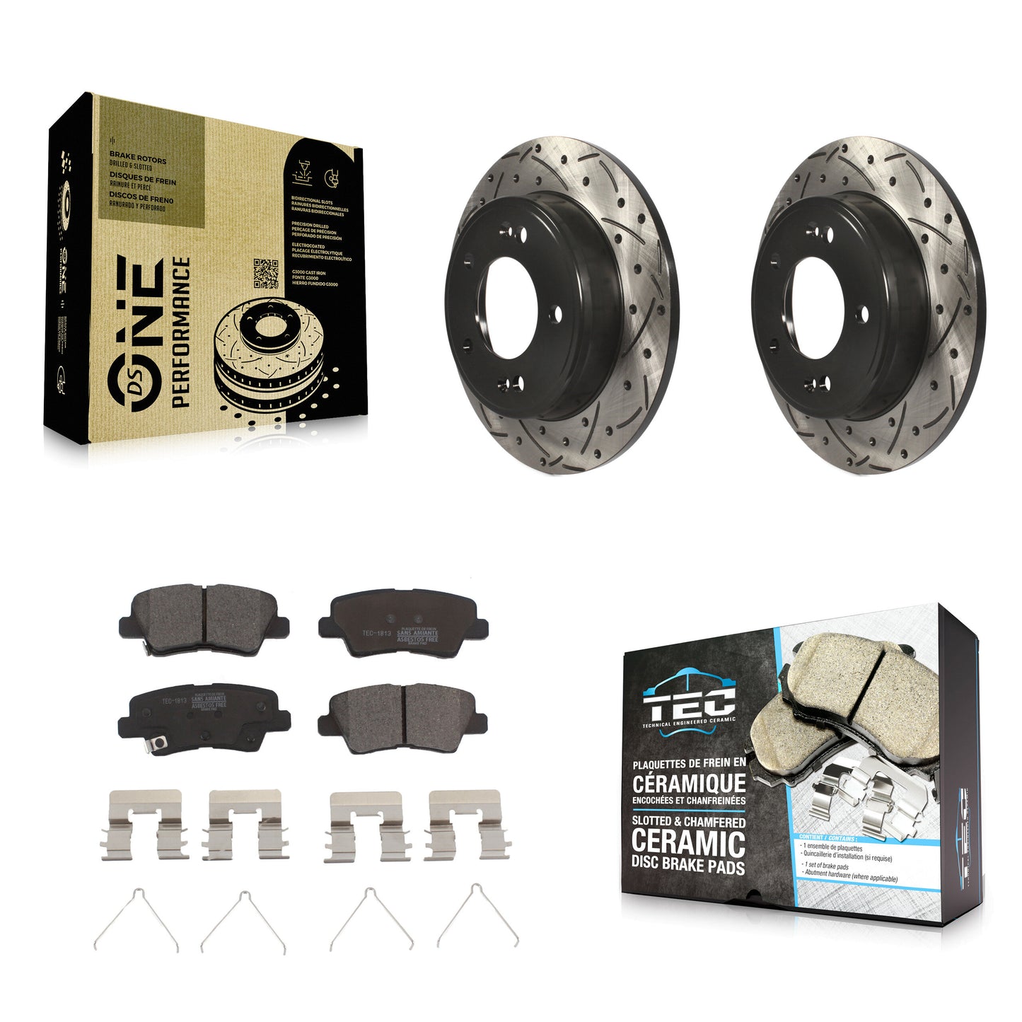 [Arrière] Kit de disque (percé rainuré revêtu) et plaquette (céramique) de frein pour Kia Soul Forte Hyundai Veloster Elantra GT Kona Forte5 KDT-100546