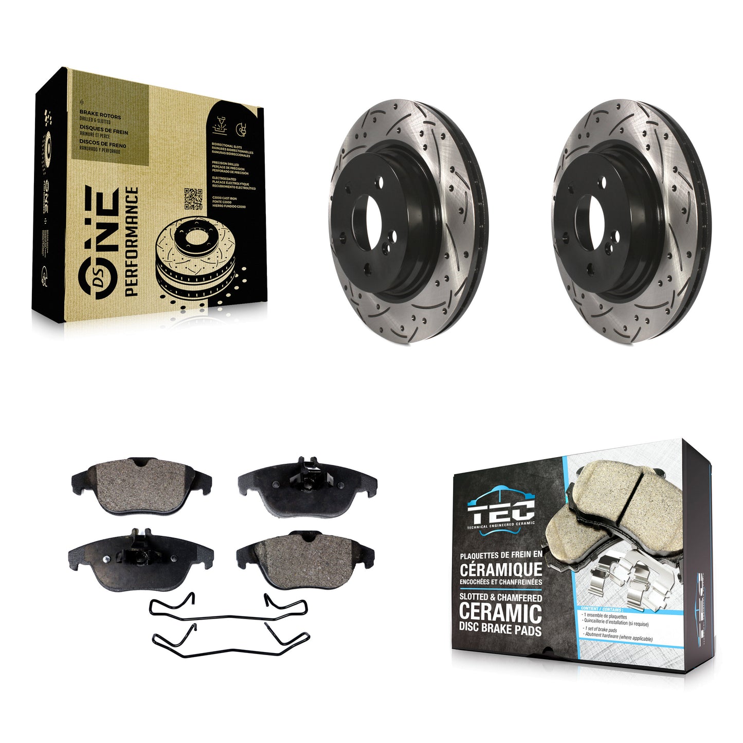 [Arrière] Kit de disque (percé rainuré revêtu) et plaquette (céramique) de frein pour Mercedes-Benz E350 C250 C300 C350 E550 KDT-100554