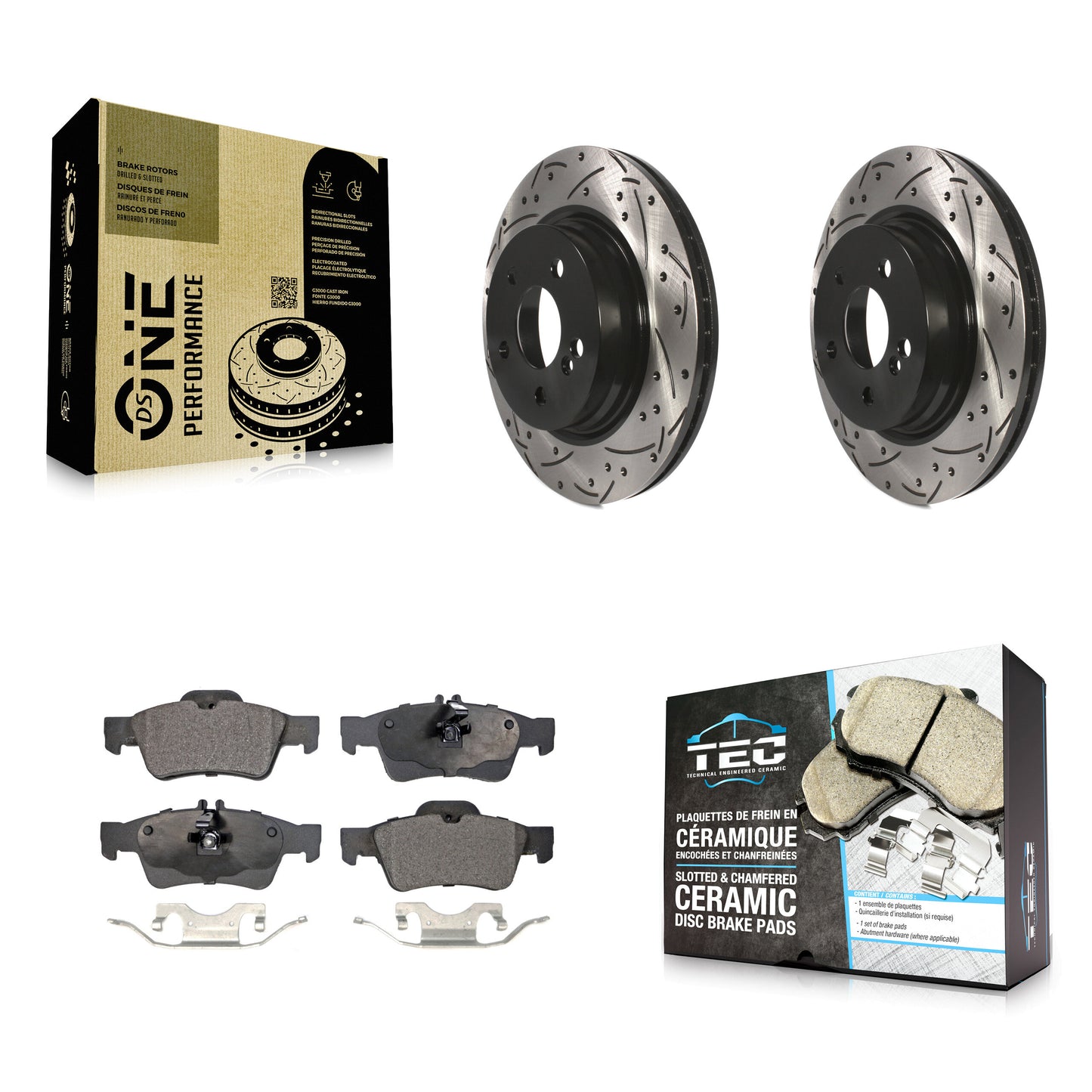 [Arrière] Kit de disque (percé rainuré revêtu) et plaquette (céramique) de frein pour Mercedes-Benz E550 avec 300mm Diameter Rotor KDT-100555