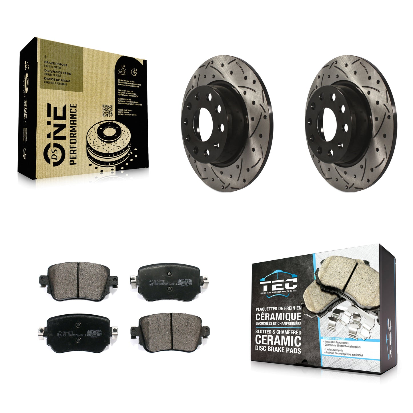 [Arrière] Kit de disque (percé rainuré revêtu) et plaquette (céramique) de frein pour Volkswagen Passat GTI Golf SportWagen Alltrack KDT-100577