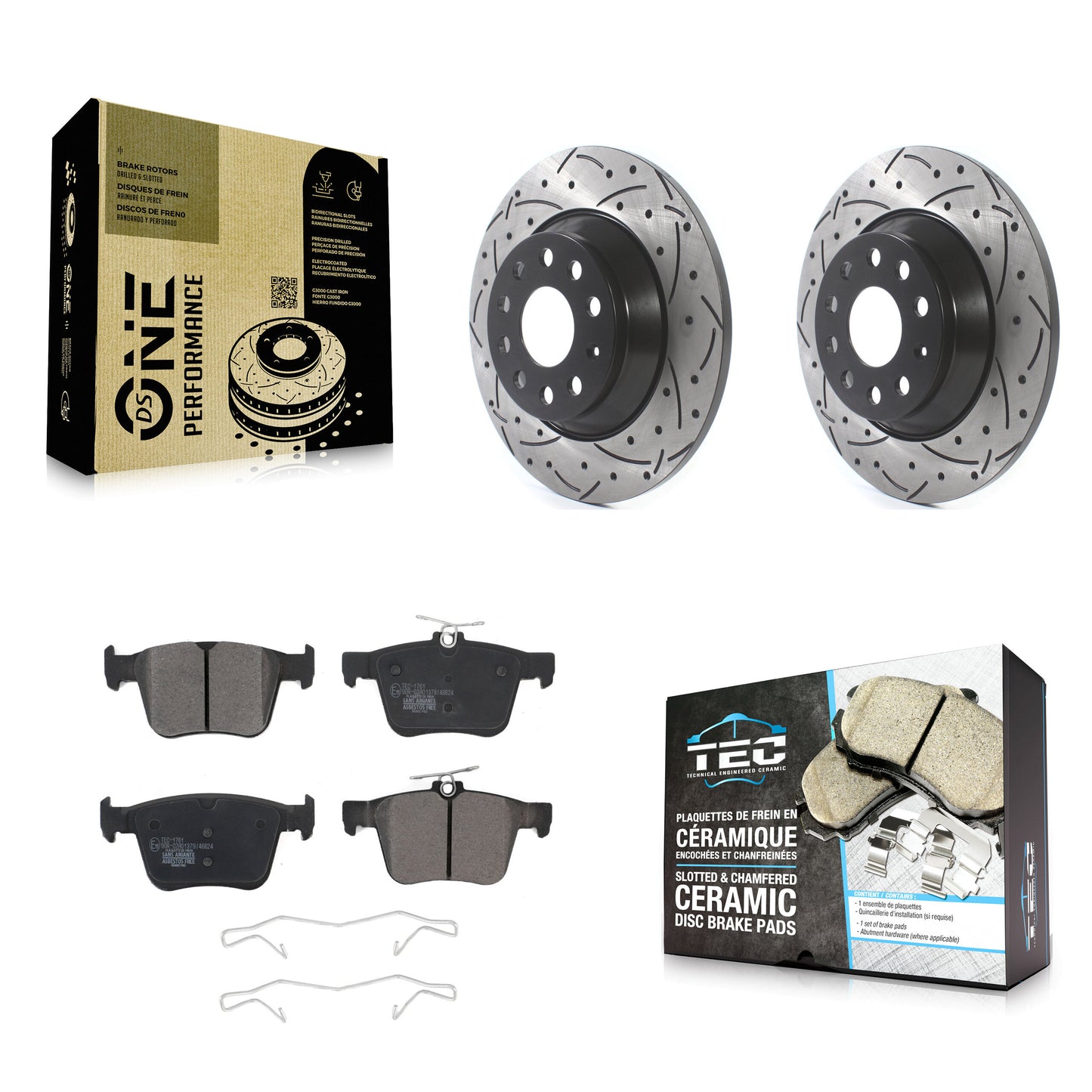 [Arrière] Kit de disque (percé rainuré revêtu) et plaquette (céramique) de frein pour Volkswagen Tiguan Jetta Audi TT Quattro KDT-100583