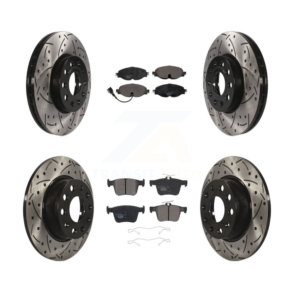 [Avant + Arrière] Kit de disque (percé rainuré revêtu) et plaquette (céramique) de frein pour Audi A3 Quattro Volkswagen e-Golf Taos KDT-100597