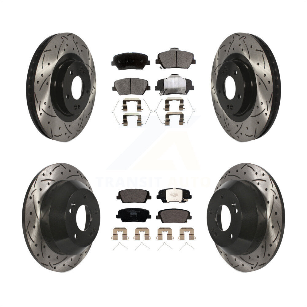 [Avant + Arrière] Kit de disque (percé rainuré revêtu) et plaquette (céramique) de frein pour Kia Sorento Hyundai Santa Fe Sport KDT-100605 par Transit Auto