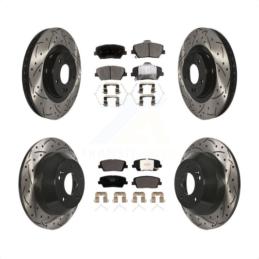 [Avant + Arrière] Kit de disque (percé rainuré revêtu) et plaquette (céramique) de frein pour Kia Sorento Hyundai Santa Fe Sport KDT-100605 par Transit Auto