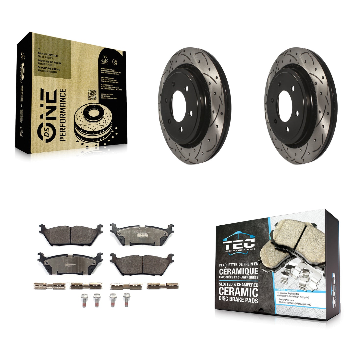 [Arrière] Kit de disque (percé rainuré revêtu) et plaquette (céramique) de frein pour 2015-2017 Ford F-150 avec Electric Parking KDT-100626