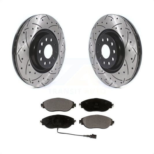[Avant] Kit de disque (percé rainuré revêtu) et plaquette (céramique) de frein pour Volkswagen Tiguan Jetta GTI Audi Golf R S3 Q3 Arteon KDT-100644 par Transit Auto
