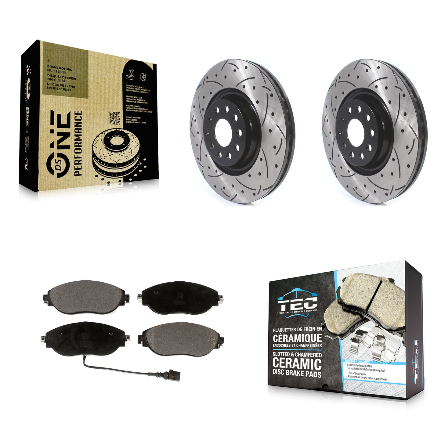 [Avant] Kit de disque (percé rainuré revêtu) et plaquette (céramique) de frein pour Volkswagen Tiguan Jetta GTI Audi Golf R S3 Q3 Arteon KDT-100644