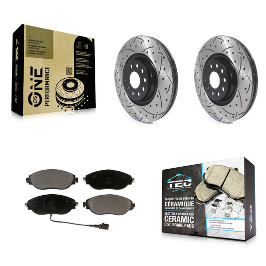 [Avant] Kit de disque (percé rainuré revêtu) et plaquette (céramique) de frein pour Volkswagen Tiguan Jetta GTI Audi Golf R S3 Q3 Arteon KDT-100644