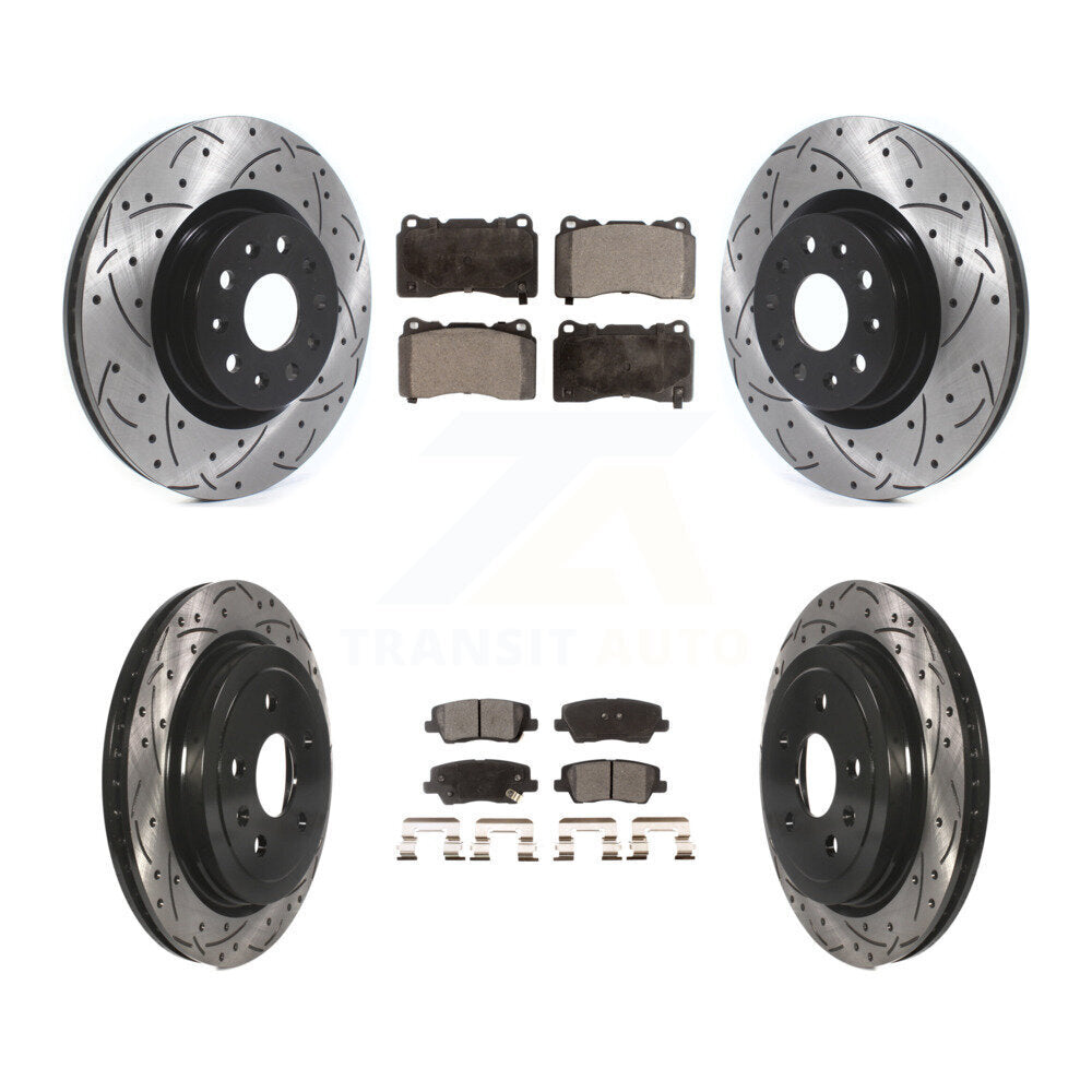 [Avant + Arrière] Kit de disque (percé rainuré revêtu) et plaquette (céramique) de frein pour Cadillac CTS avec 18" Factory Wheels KDT-100660