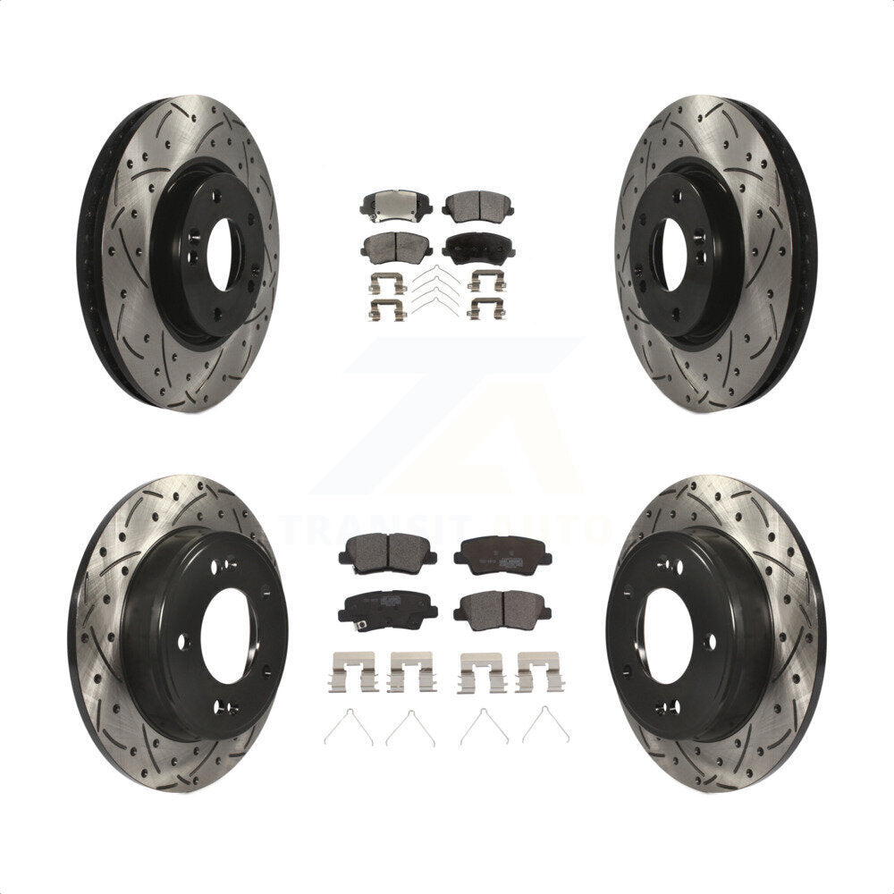 [Avant + Arrière] Kit de disque (percé rainuré revêtu) et plaquette (céramique) de frein pour 2016 Hyundai Veloster Tech SE KDT-100671 par Transit Auto