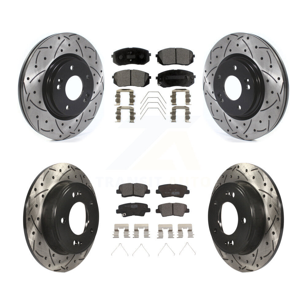 [Avant + Arrière] Kit de disque (percé rainuré revêtu) et plaquette (céramique) de frein pour Kia Soul Forte KDT-100685
