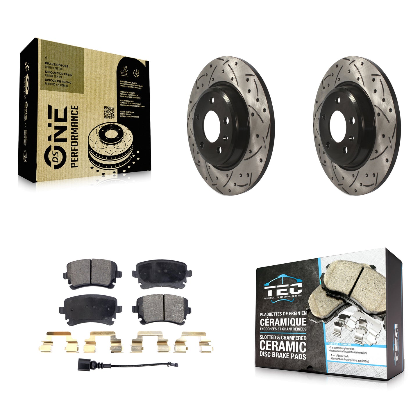 [Arrière] Kit de disque (percé rainuré revêtu) et plaquette (céramique) de frein pour Audi Q5 A4 allroad KDT-100703