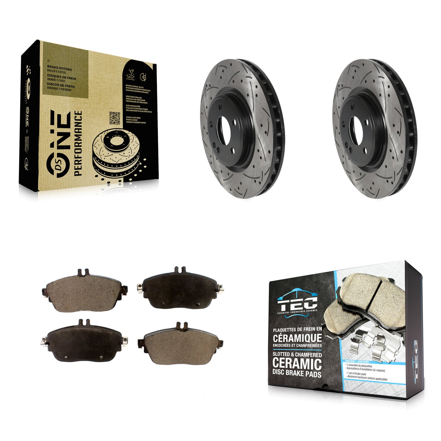 [Avant] Kit de disque (percé rainuré revêtu) et plaquette (céramique) de frein pour Mercedes-Benz GLA250 CLA250 INFINITI QX30 B Electric Drive B250 KDT-100729