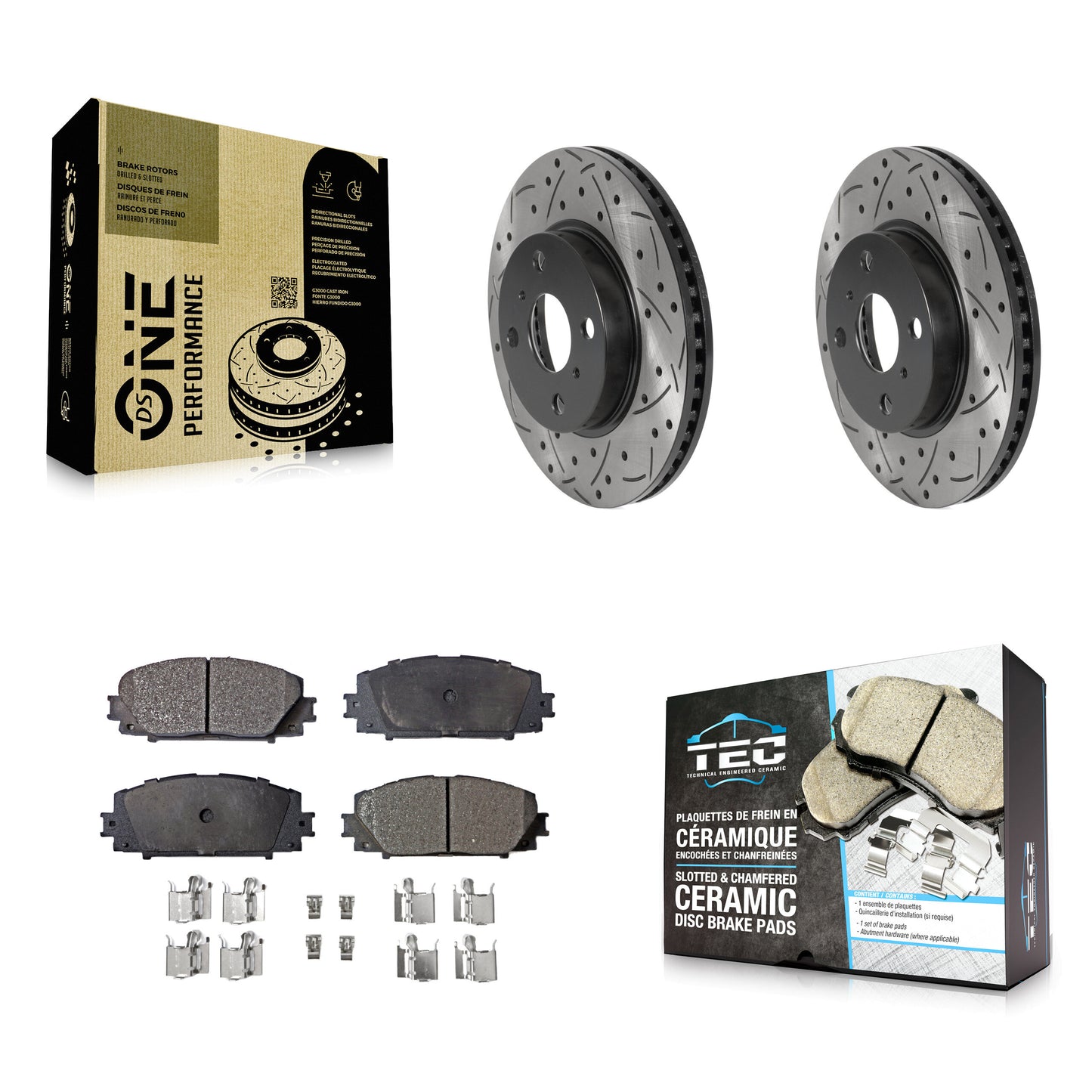 [Avant] Kit de disque (percé rainuré revêtu) et plaquette (céramique) de frein pour Toyota Yaris Prius C Scion iQ KDT-100780