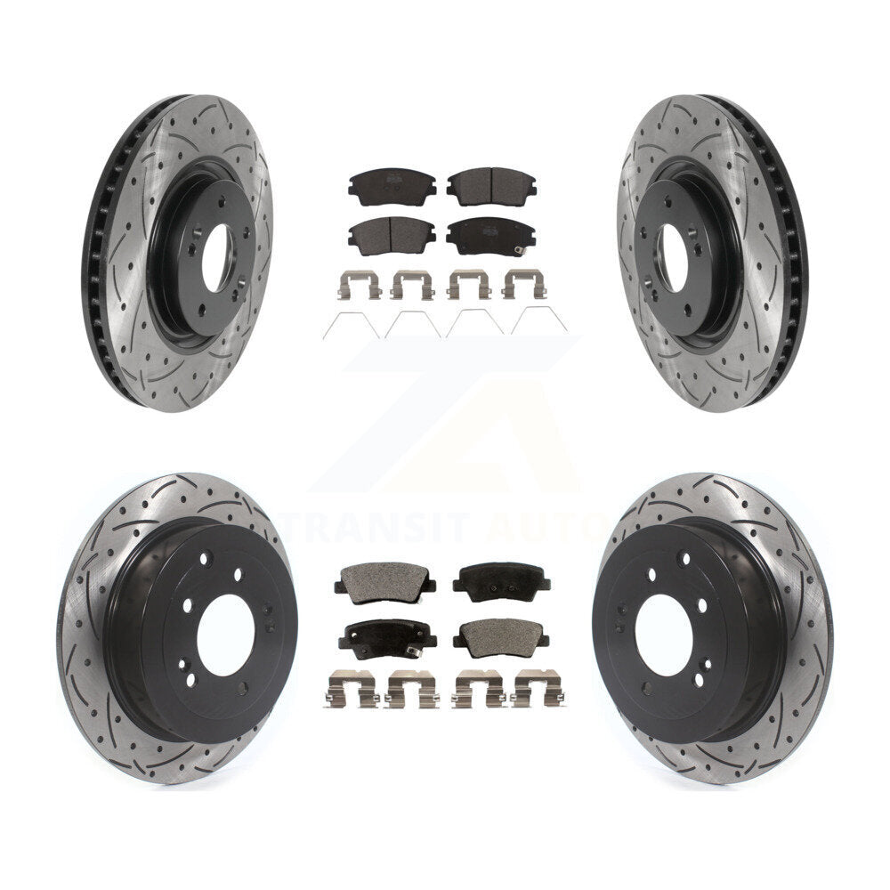[Avant + Arrière] Kit de disque (percé rainuré revêtu) et plaquette (céramique) de frein pour 2017-2021 Kia Sportage Turbocharged avec Manual Parking KDT-100877