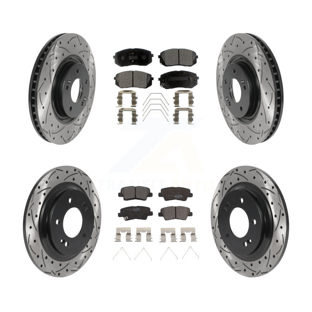 [Avant + Arrière] Kit de disque (percé rainuré revêtu) et plaquette (céramique) de frein pour Kia Optima avec Electric Parking KDT-100880