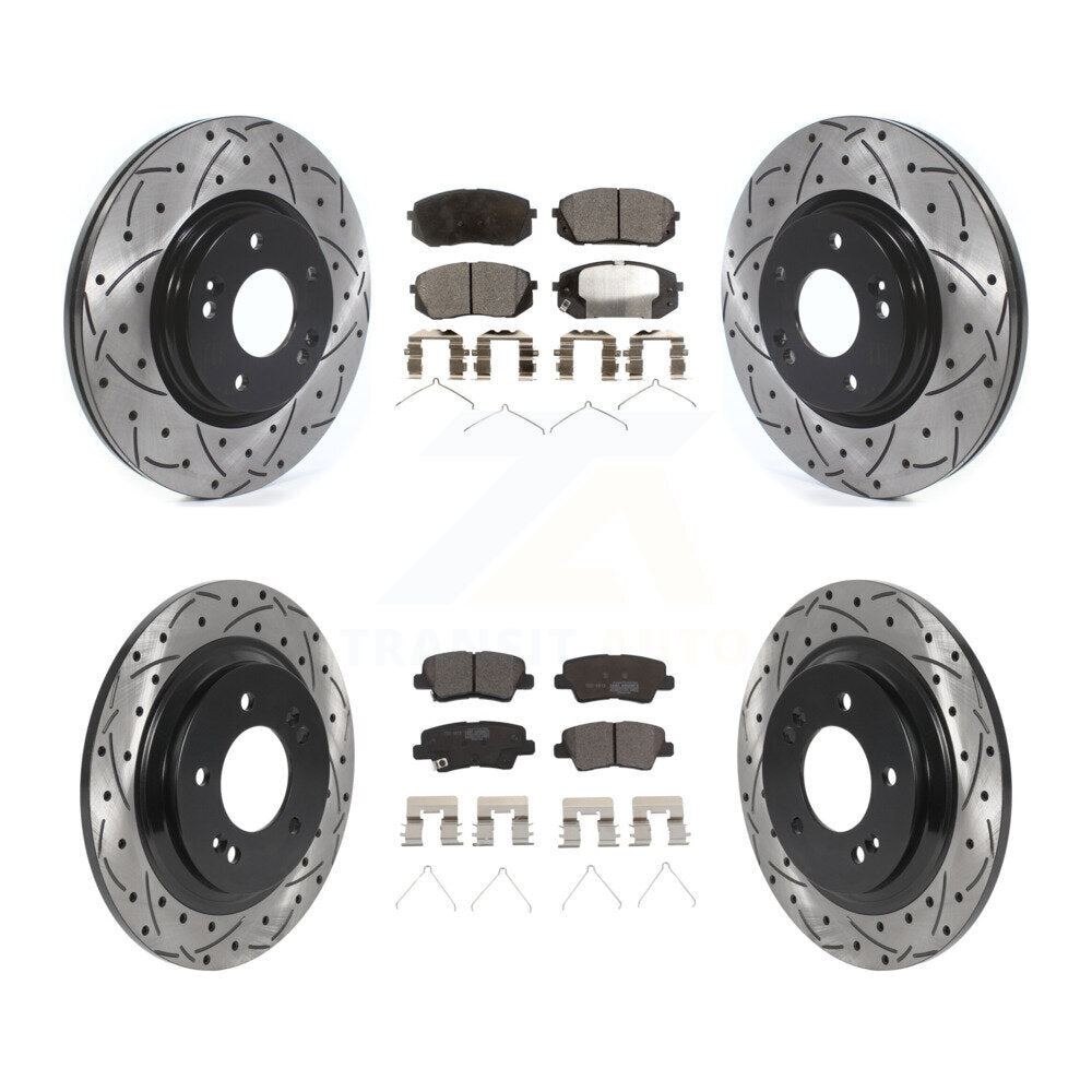 [Avant + Arrière] Kit de disque (percé rainuré revêtu) et plaquette (céramique) de frein pour Kia Optima avec Electric Parking KDT-100897