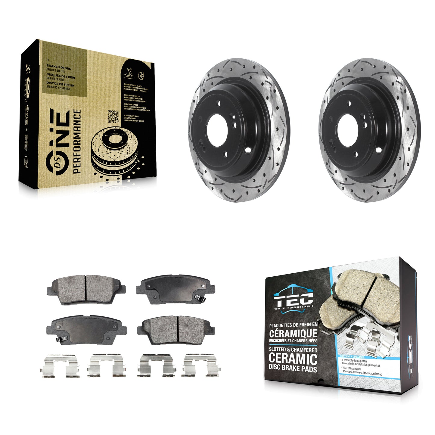 [Arrière] Kit de disque (percé rainuré revêtu) et plaquette (céramique) de frein pour Hyundai Genesis G80 Kia K900 KDT-100936