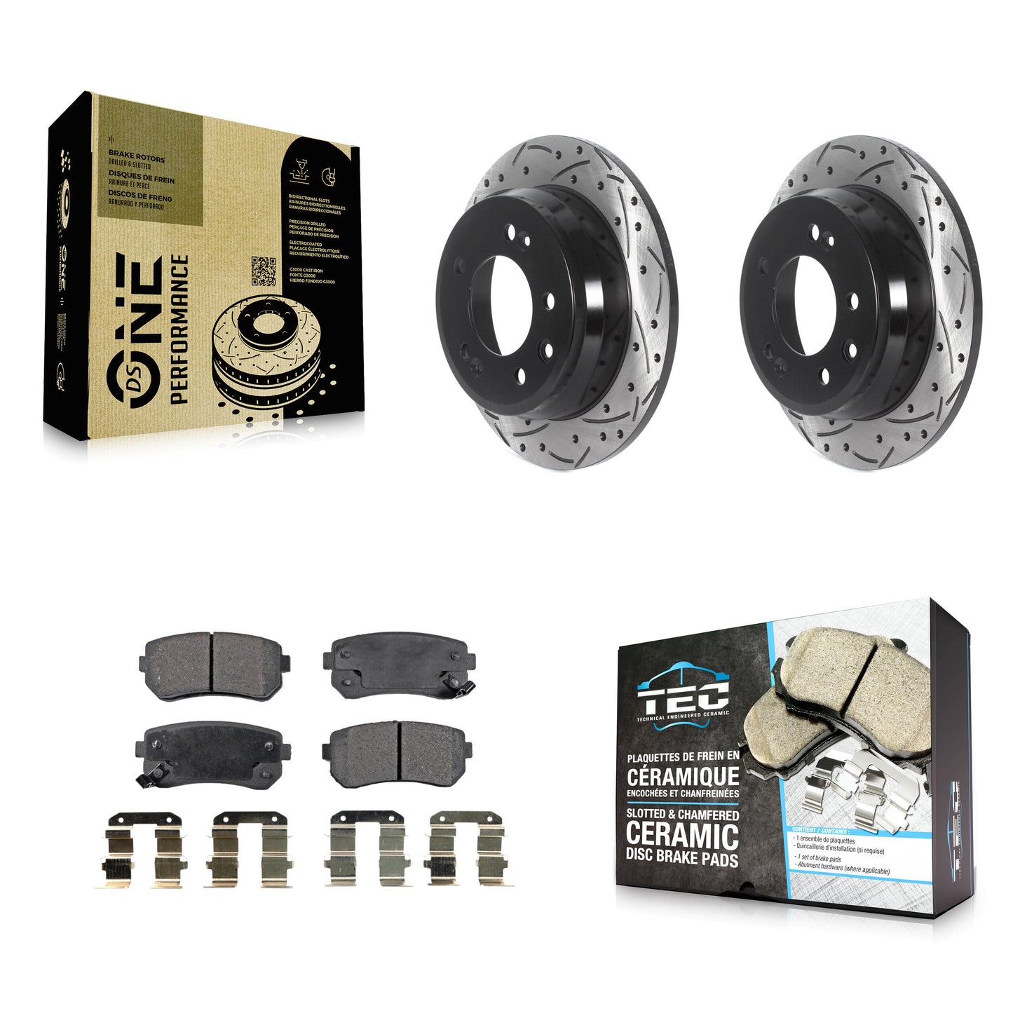 [Arrière] Kit de disque (percé rainuré revêtu) et plaquette (céramique) de frein pour Hyundai Elantra Tucson Kia Sportage KDT-100942