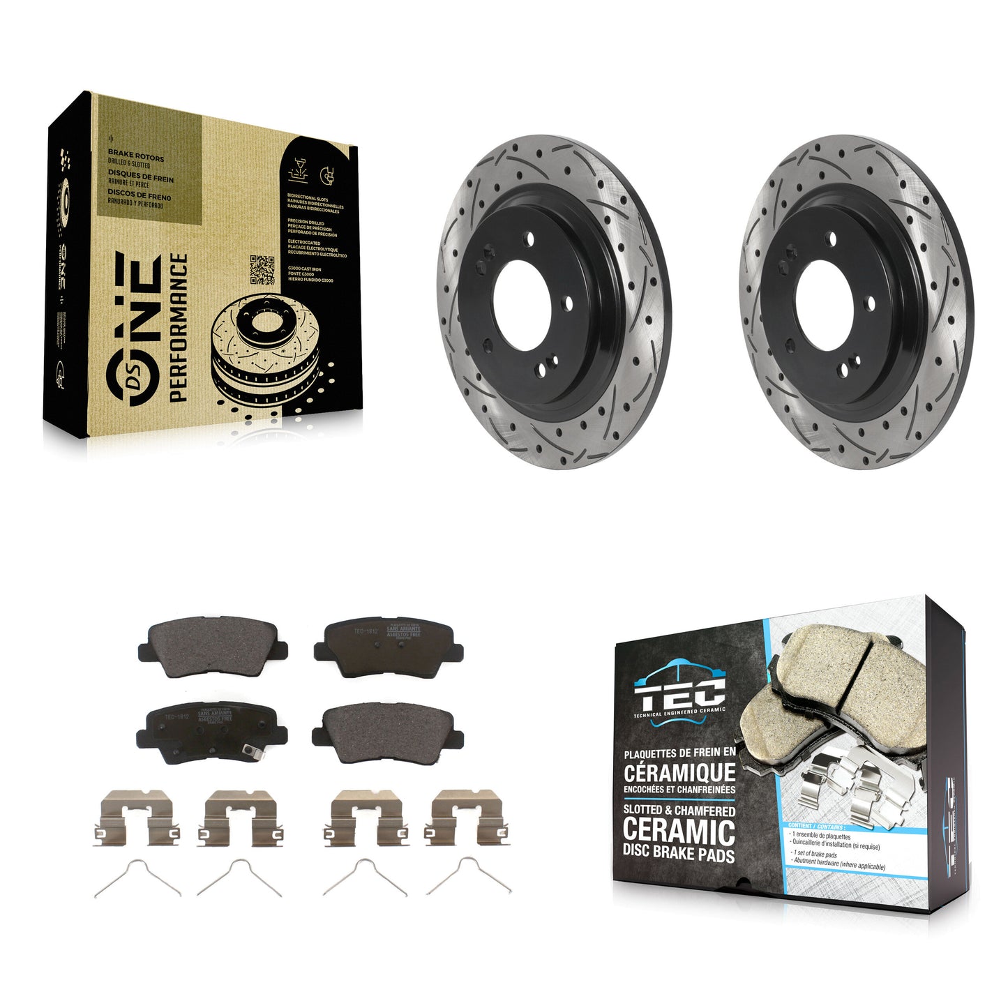 [Arrière] Kit de disque (percé rainuré revêtu) et plaquette (céramique) de frein pour Kia Niro Hyundai Ioniq Soul EV KDT-100950