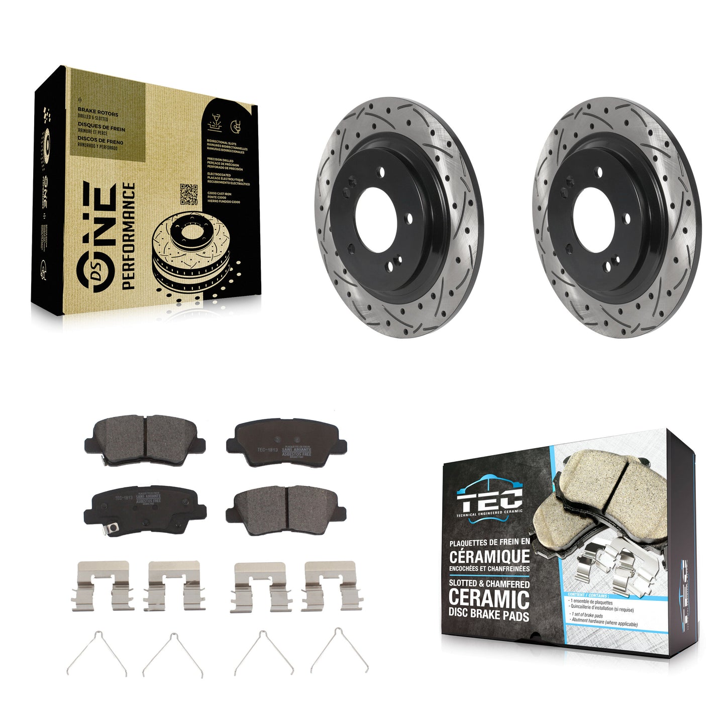[Arrière] Kit de disque (percé rainuré revêtu) et plaquette (céramique) de frein pour Hyundai Sonata Kia Optima Elantra GT Soul EV Forte Forte5 KDT-100951