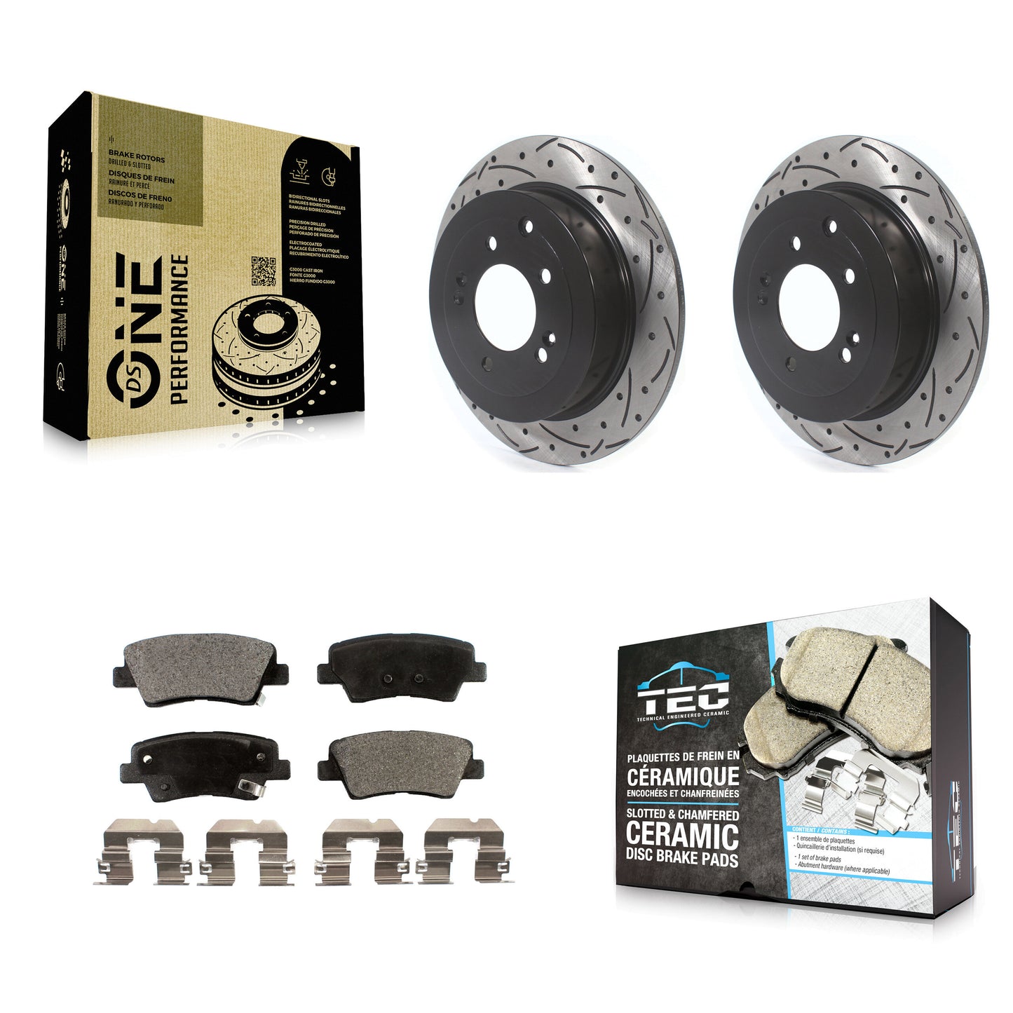 [Arrière] Kit de disque (percé rainuré revêtu) et plaquette (céramique) de frein pour Hyundai Tucson Kia Sportage KDT-100963