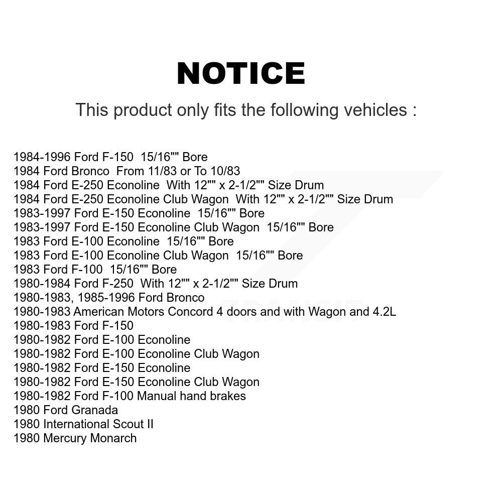 [Arrière] Kit de Cylindre de roue de frein à tambour pour Ford F-150 Bronco E-150 Econoline F-250 F-100 Club Wagon American Motors Concord International Scout II E-100 Granada E-250 Mercury Monarch K14-100090