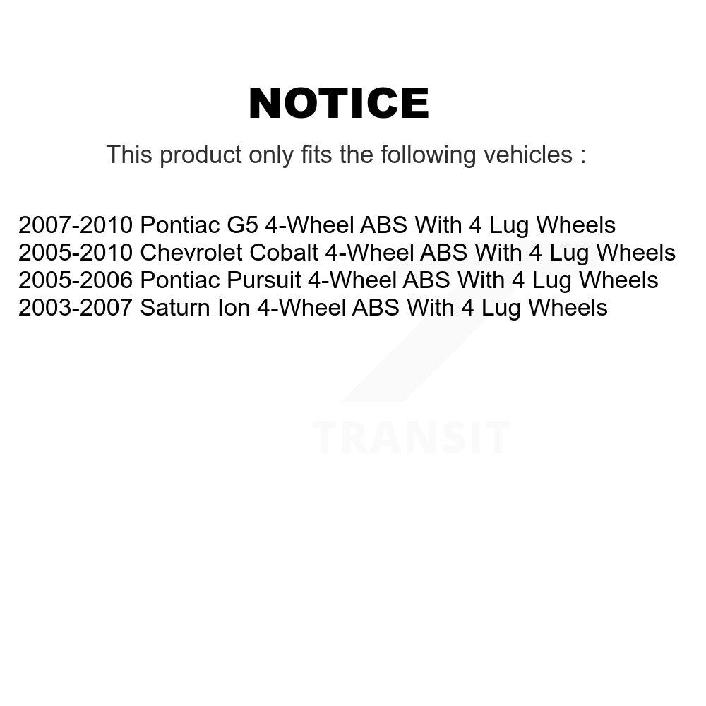 [Avant] Kit d'ensemble roulement de roue et moyeu pour Chevrolet Cobalt Saturn Ion Pontiac G5 Pursuit avec 4 Lug Wheels 4-Wheel ABS K70-100282