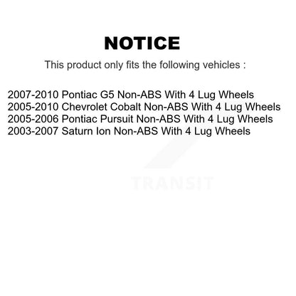 [Arrière] Kit d'ensemble roulement de roue et moyeu pour Chevrolet Cobalt Saturn Ion Pontiac G5 Pursuit avec 4 Lug Wheels Non-ABS K70-100617