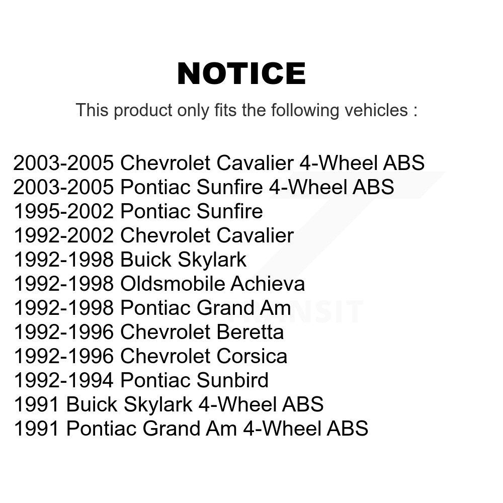[Avant + Arrière] Kit d'ensemble roulement de roue et moyeu pour Chevrolet Cavalier Pontiac Sunfire Grand Am Corsica Buick Skylark Oldsmobile Achieva Beretta Sunbird K70-101160