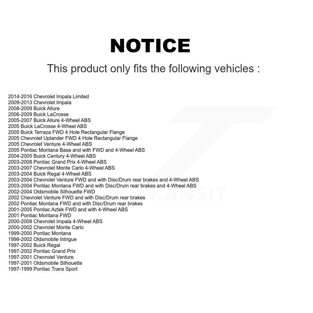 [Avant + Arrière] Kit d'ensemble roulement de roue et moyeu pour Chevrolet Impala Pontiac Grand Prix Buick LaCrosse Monte Carlo Venture Limited Regal Oldsmobile Montana Century Intrigue Silhouette Aztek Trans K70-101173