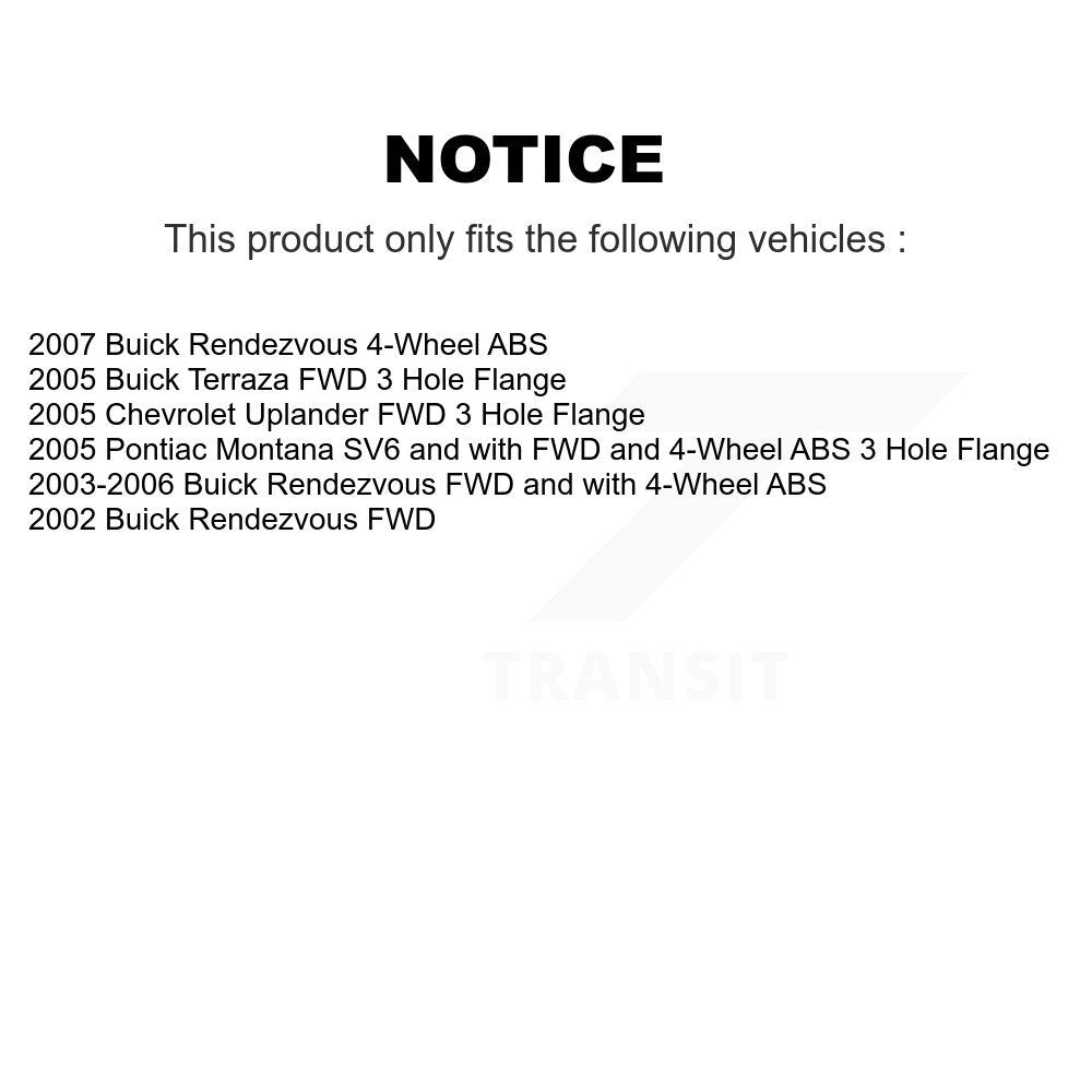 [Avant + Arrière] Kit d'ensemble roulement de roue et moyeu pour Buick Rendezvous Chevrolet Uplander Pontiac Montana Terraza K70-101175