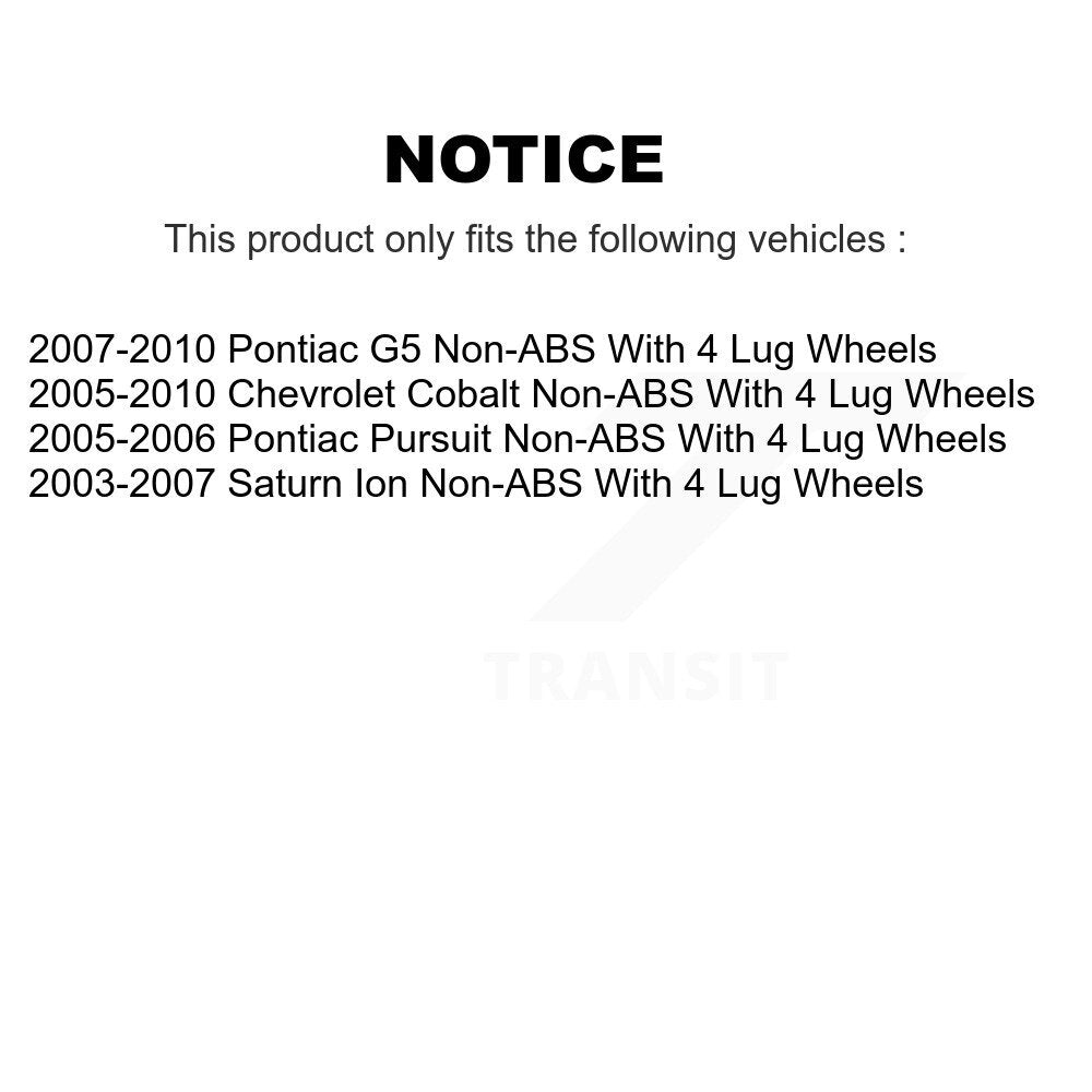 [Avant + Arrière] Kit d'ensemble roulement de roue et moyeu pour Chevrolet Cobalt Saturn Ion Pontiac G5 Pursuit avec 4 Lug Wheels Non-ABS K70-101203