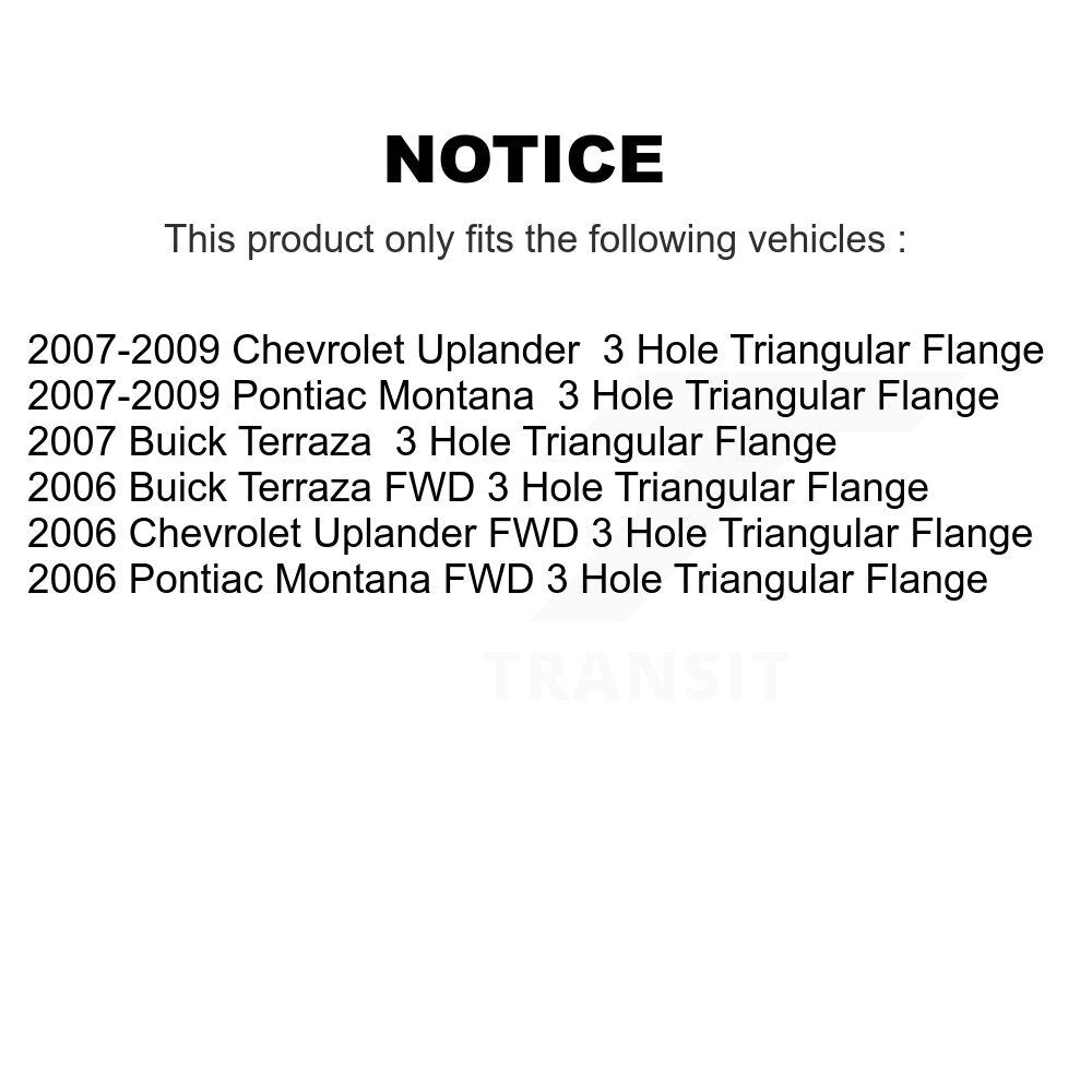 [Avant + Arrière] Kit d'ensemble roulement de roue et moyeu pour Chevrolet Uplander Buick Terraza Pontiac Montana 3 Hole Triangular Flange K70-101230