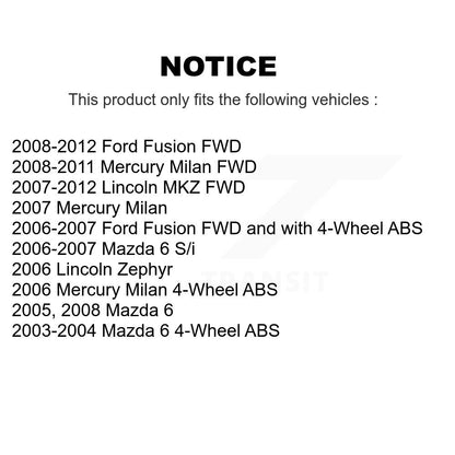 [Avant + Arrière] Kit de Roulement de roue pour Ford Fusion Mazda 6 Lincoln MKZ Mercury Milan Zephyr K70-101529