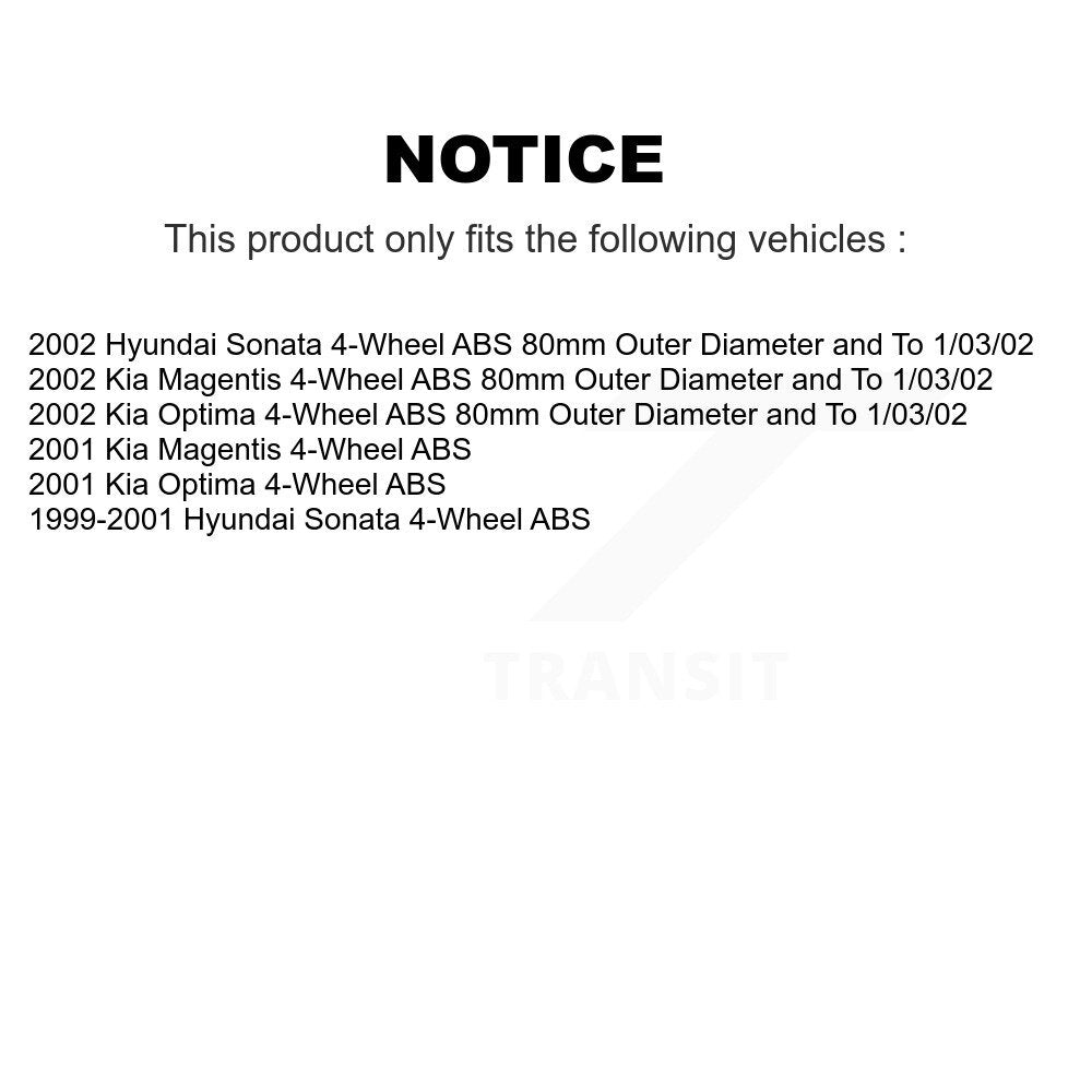 [Avant + Arrière] Kit de Roulement de roue pour Hyundai Sonata Kia Optima Magentis 4-Wheel ABS K70-101610