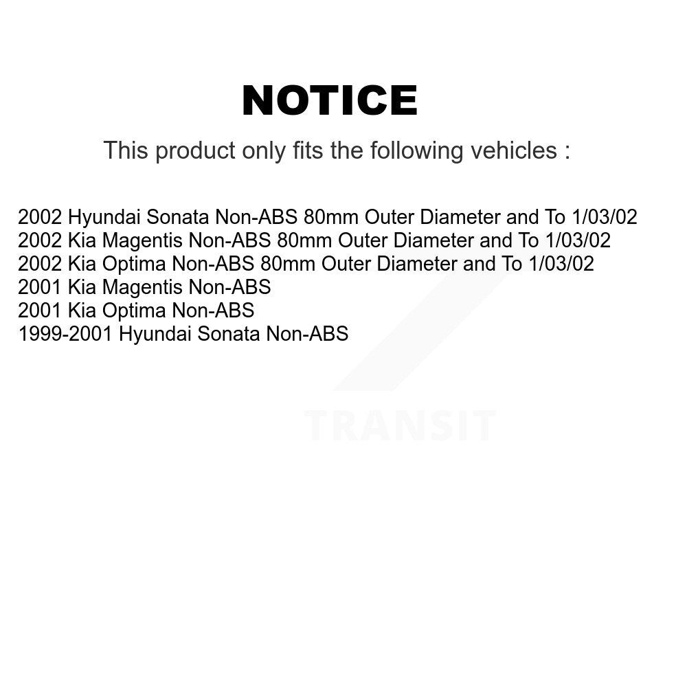 [Avant + Arrière] Kit de Roulement de roue pour Hyundai Sonata Kia Optima Magentis Non-ABS K70-101611