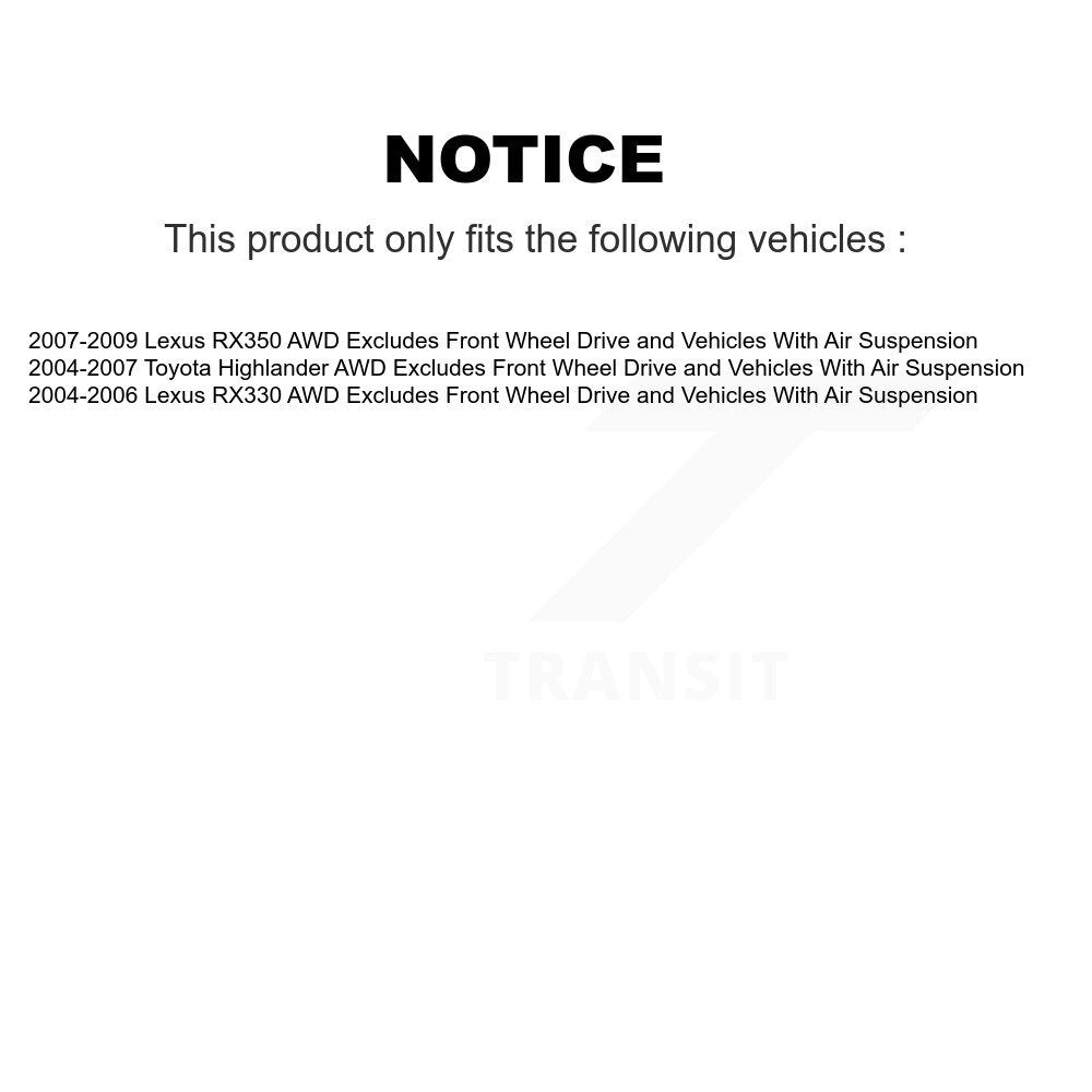 [Arrière] Kit d'ensemble de jambe de suspension avec ressort hélicoïdal pour Lexus Toyota Highlander RX350 RX330 Excludes Front Wheel Drive Vehicles avec Air Suspension AWD K78A-100320