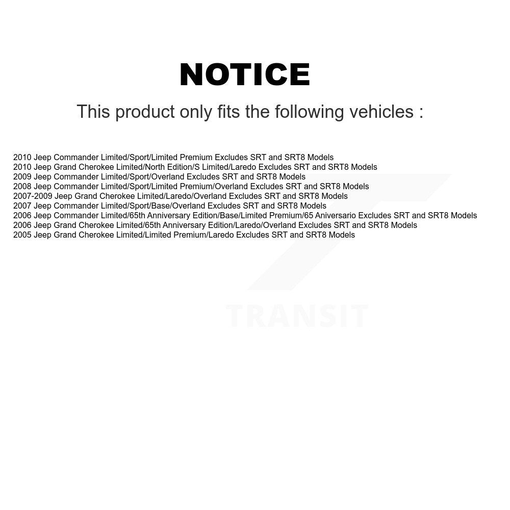 [Avant et Arrière] Ensemble de jambe de suspension avec ressort hélicoïdal pour Jeep Grand Cherokee Commander Excludes SRT SRT8 Models K78M-100090